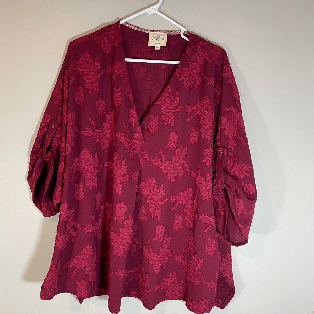 Umgee Burgundy Floral Jacquard Roll Tab Sleeve Tunic Top XL Boho Whimsigoth